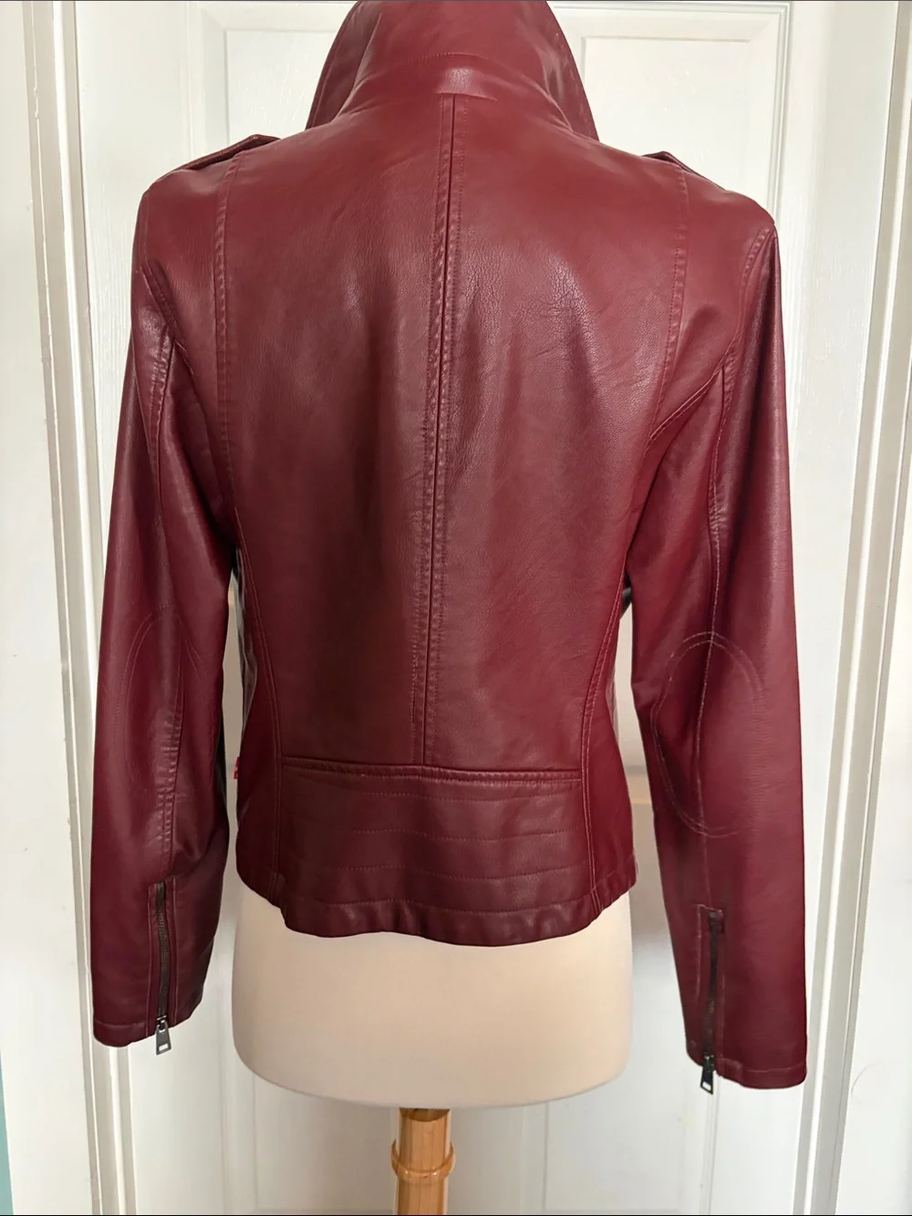 Women’s LEVI Burgundy Leather Moto Jacket with Asymmetrical Zip